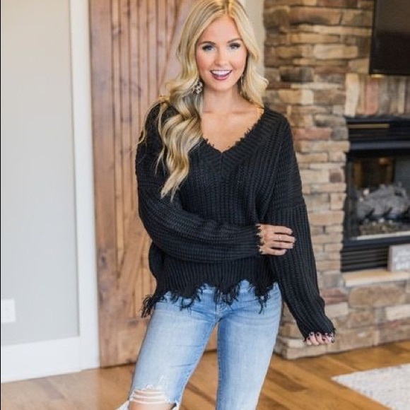 Boho Ripped frayed distressed v neck sweater TAN - Picture 4 of 10